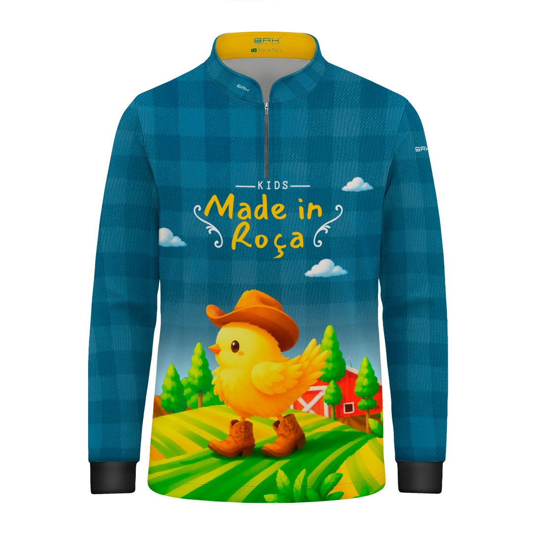 Camisa Infantil Made in Roça Pintinho Cowboy Xadrez Azul com Proteção UV50