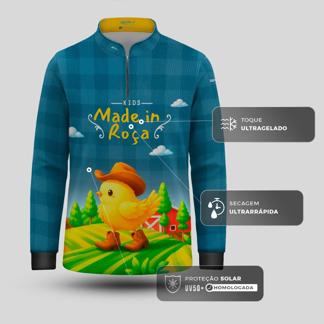 Camisa Infantil Made in Roça Pintinho Cowboy Xadrez Azul com Proteção UV50