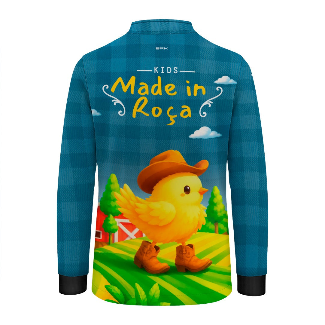 Camisa Infantil Made in Roça Pintinho Cowboy Xadrez Azul com Proteção UV50