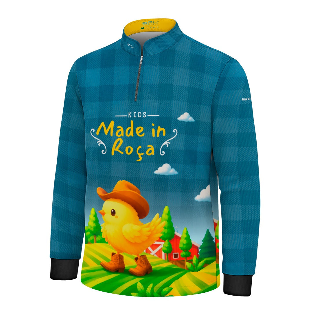 Camisa Infantil Made in Roça Pintinho Cowboy Xadrez Azul com Proteção UV50