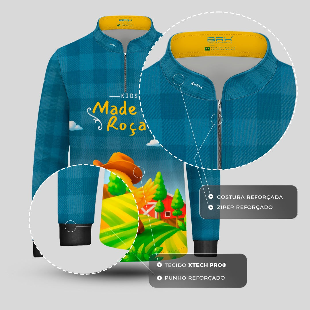 Camisa Infantil Made in Roça Pintinho Cowboy Xadrez Azul com Proteção UV50