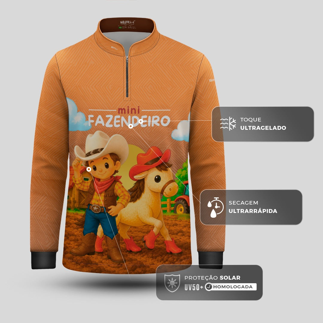 Camisa Infantil Mini Fazendeiro Menino Cowboy com Cavalo Laranja com Proteção UV50