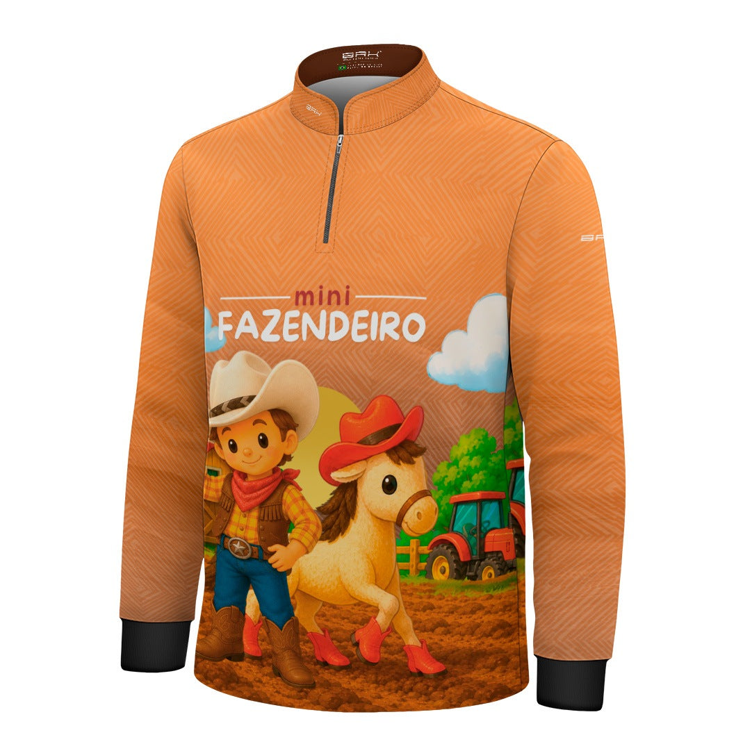 Camisa Infantil Mini Fazendeiro Menino Cowboy com Cavalo Laranja com Proteção UV50