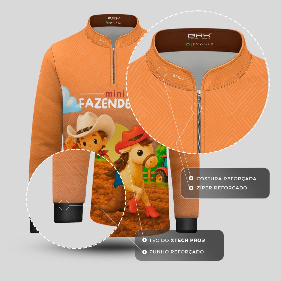 Camisa Infantil Mini Fazendeiro Menino Cowboy com Cavalo Laranja com Proteção UV50