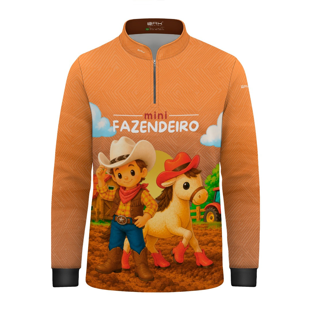Camisa Infantil Mini Fazendeiro Menino Cowboy com Cavalo Laranja com Proteção UV50