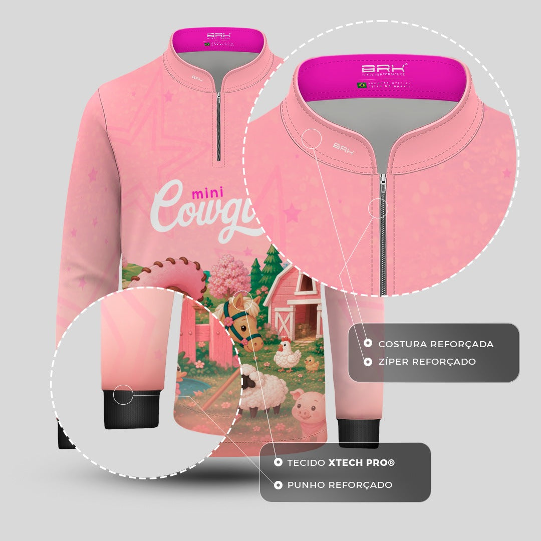 Camisa Infantil Mini Cowgirl Fazendinha Rosa Claro com Proteção UV50