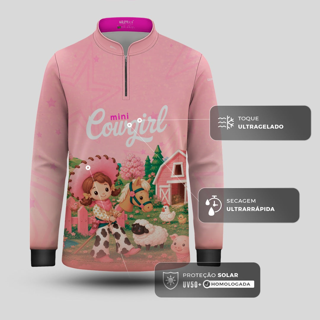 Camisa Infantil Mini Cowgirl Fazendinha Rosa Claro com Proteção UV50