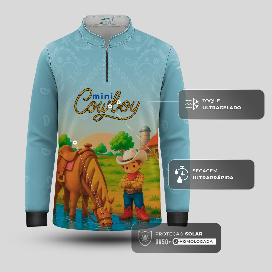 Camisa Infantil Mini Cowboy Menino Cavaleiro Azul Claro com Proteção UV50