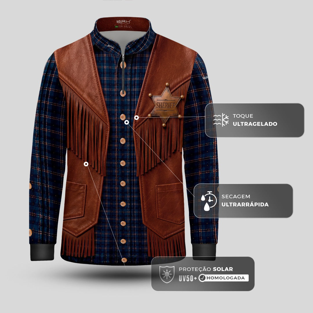 Camisa Infantil Mini Xerife Cowboy Xadrez Azul e Marrom com Proteção UV50