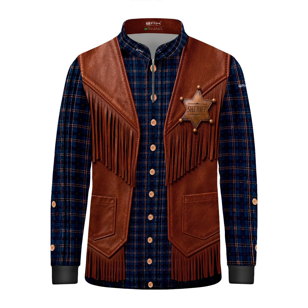 Camisa Infantil Mini Xerife Cowboy Xadrez Azul e Marrom com Proteção UV50