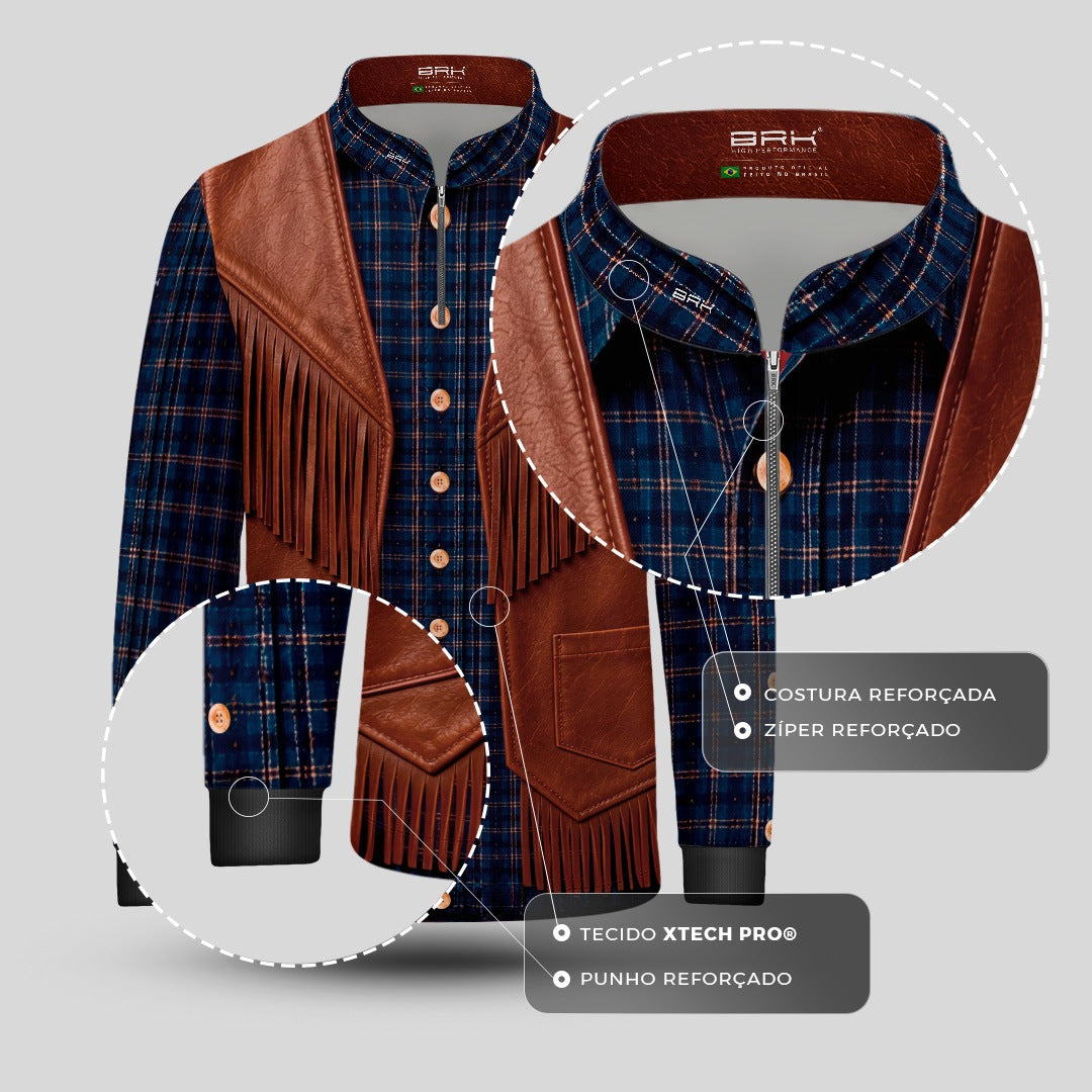 Camisa Infantil Mini Xerife Cowboy Xadrez Azul e Marrom com Proteção UV50