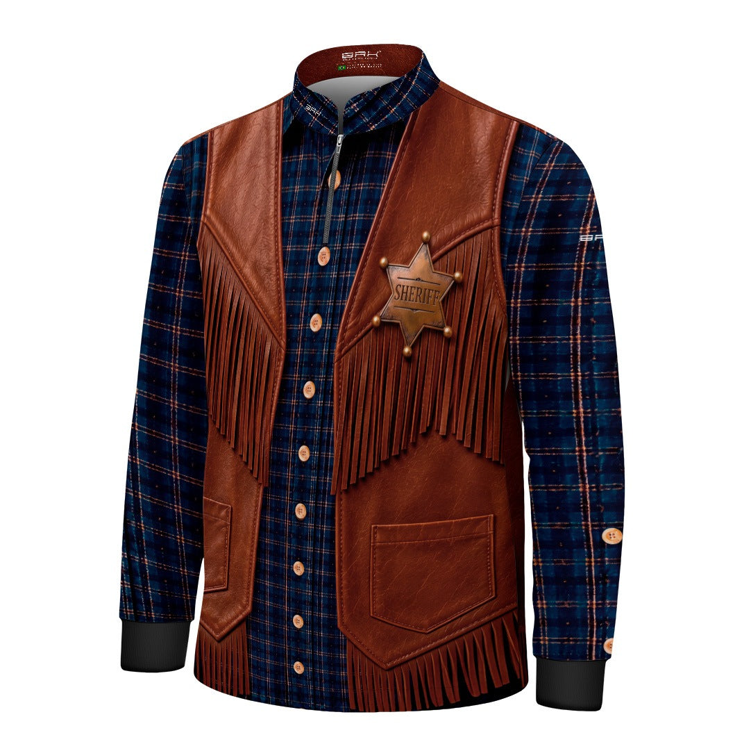 Camisa Infantil Mini Xerife Cowboy Xadrez Azul e Marrom com Proteção UV50