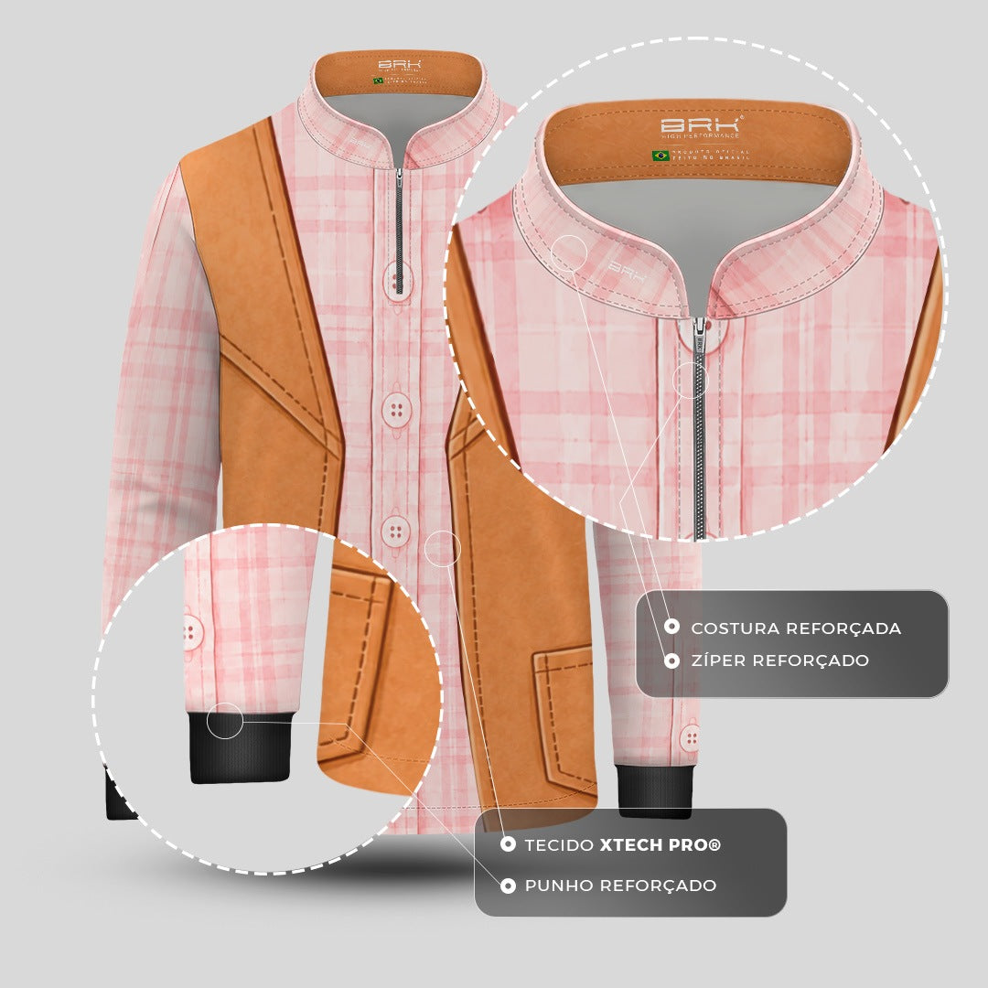 Camisa Agro Infantil Brk Cowgirl Xadrez Rosa Claro com Colete Country e Proteção UV50+