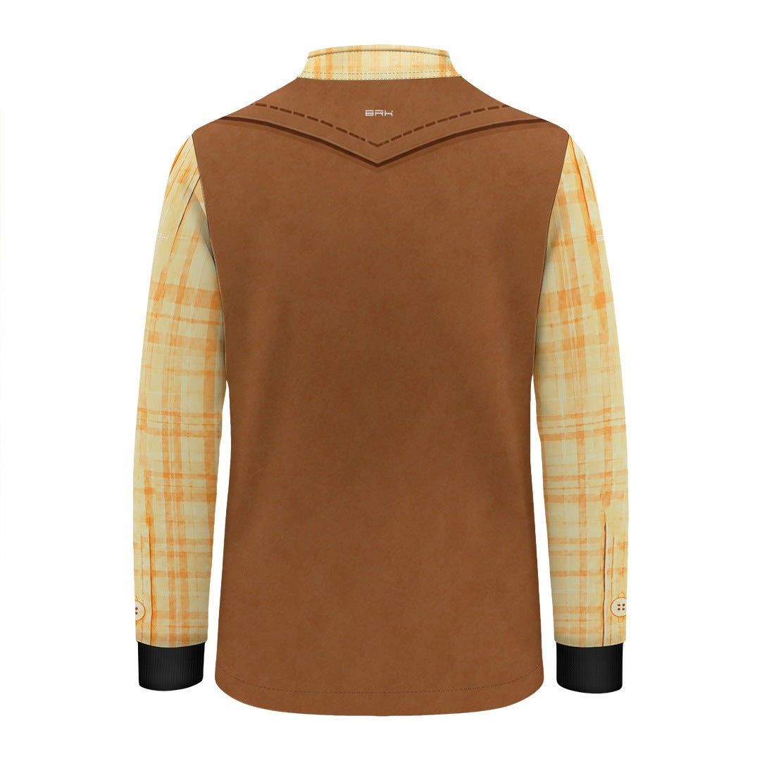 Camisa Agro Infantil Brk Cowboy Xadrez Amarelo com Colete Marrom e Proteção UV50+