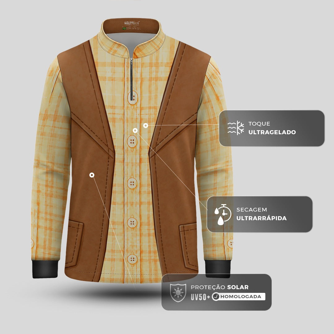Camisa Agro Infantil Brk Cowboy Xadrez Amarelo com Colete Marrom e Proteção UV50+