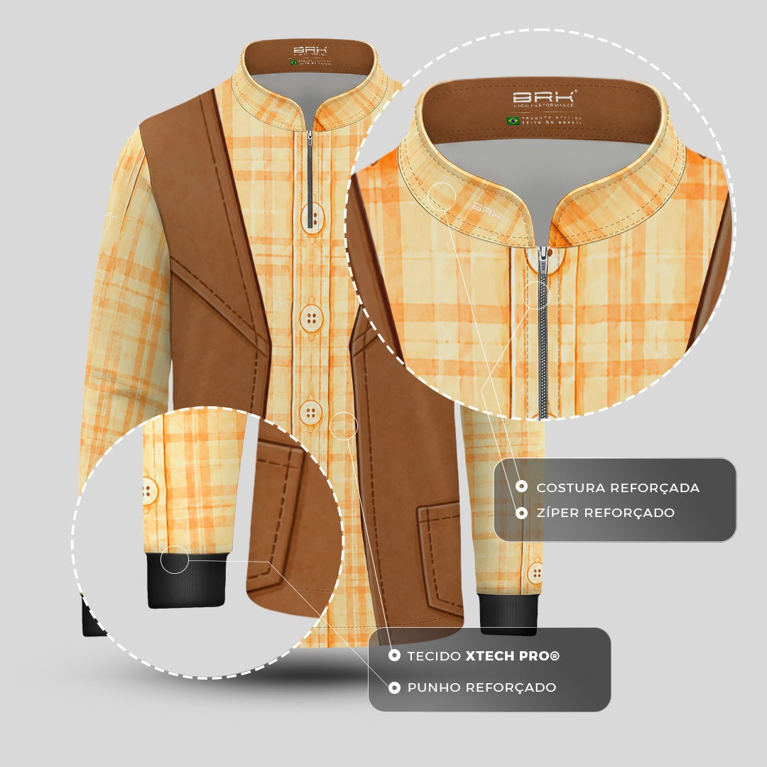 Camisa Agro Infantil Brk Cowboy Xadrez Amarelo com Colete Marrom e Proteção UV50+