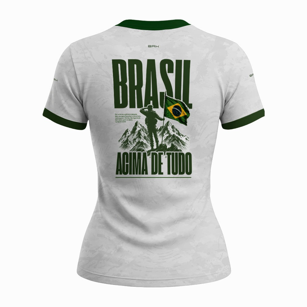 Camiseta Feminina Brasil Acima de Todos Branco e Verde com Proteção UV50