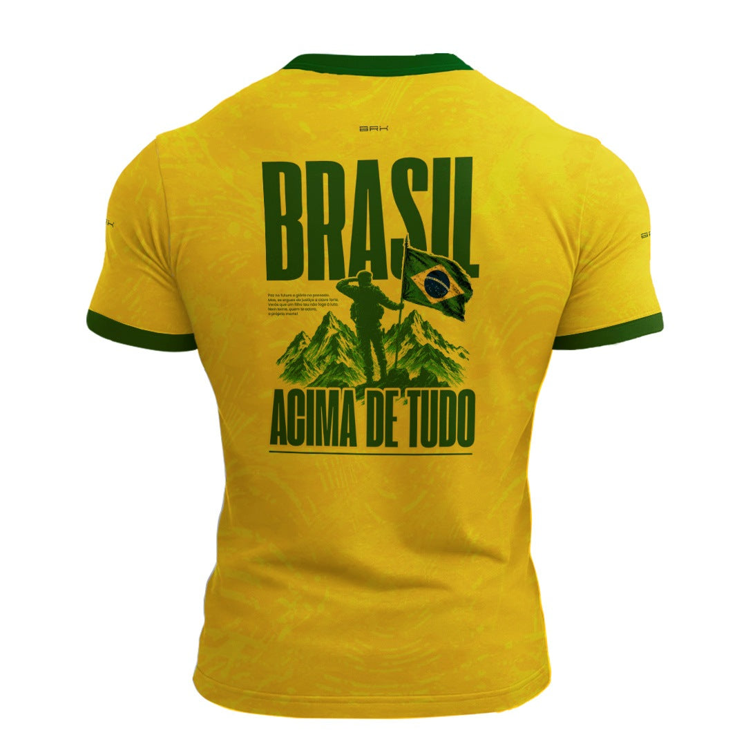 Camiseta Brasil Acima de Todos Amarelo e Verde com Proteção UV50