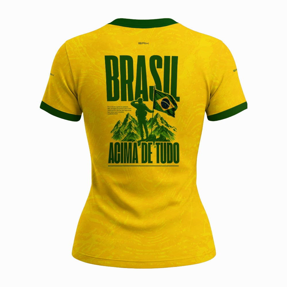 Camiseta Feminina Brasil Acima de Todos Amarelo e Verde com Proteção UV50