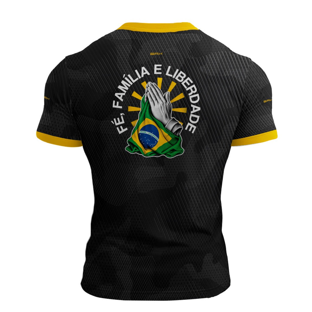 Camiseta Fé Família e Liberdade Preto com Proteção UV50