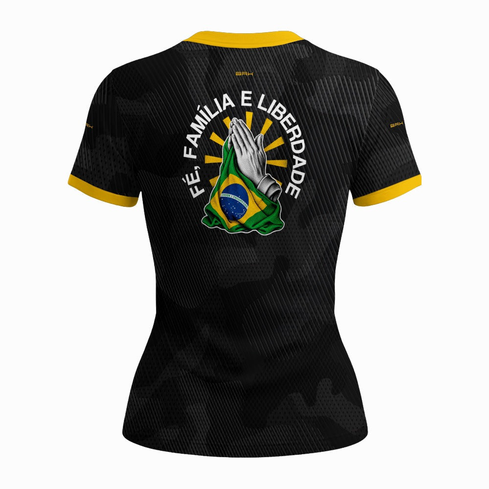 Camiseta Feminina Fé Família e Liberdade Preto com Proteção UV50