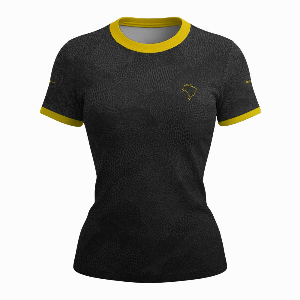 Camiseta Feminina Pátria Amada Onça Preto e Amarelo com Proteção UV50