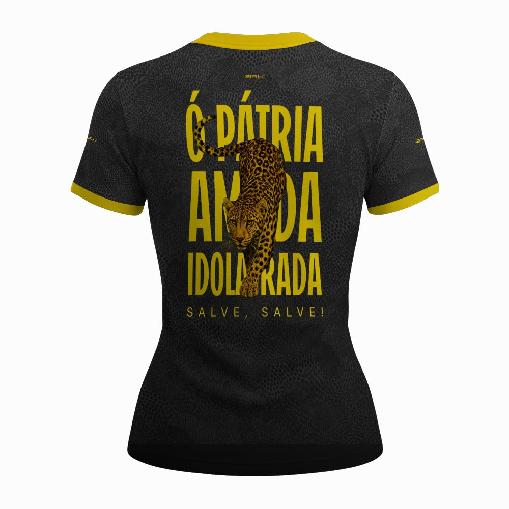 Camiseta Feminina Pátria Amada Onça Preto e Amarelo com Proteção UV50
