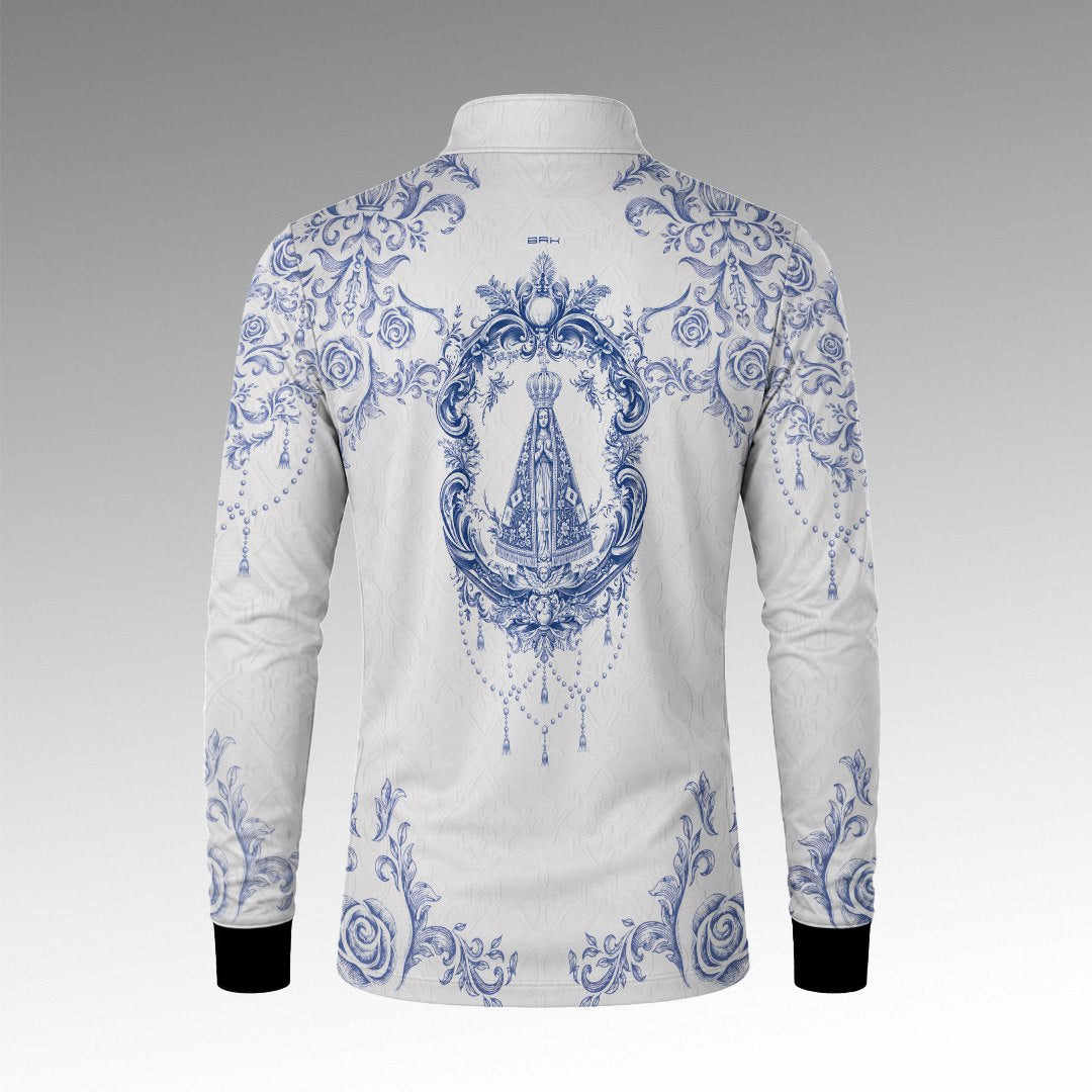 Camisa  Brk Nossa Senhora Aparecida Portuguesa Branco e Azul com Proteção Solar UV50+