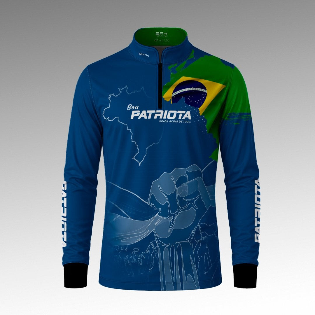 Camisa Azul Patriota Bandeira do Brasil com Proteção UV50
