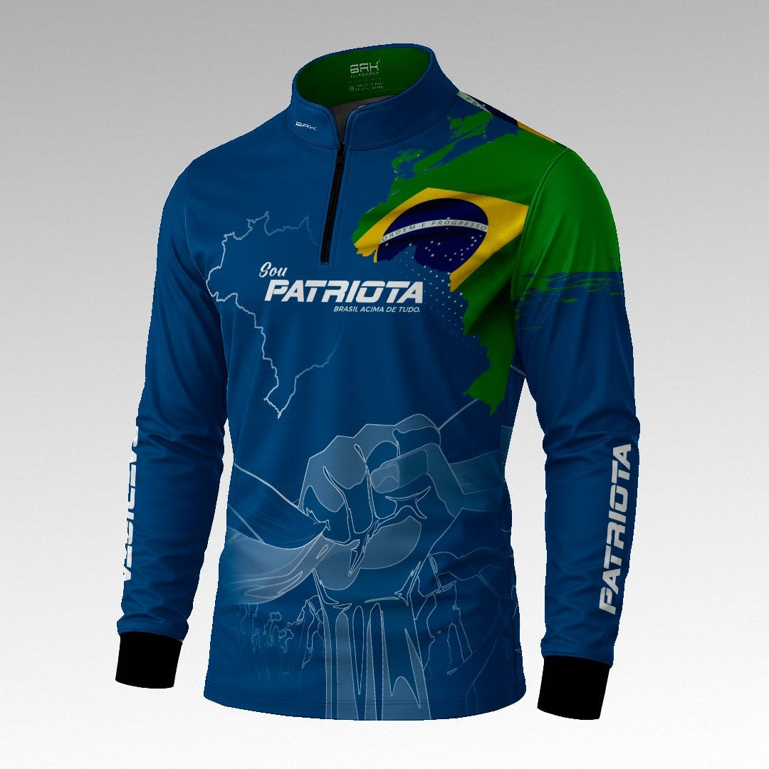 Camisa Azul Patriota Bandeira do Brasil com Proteção UV50