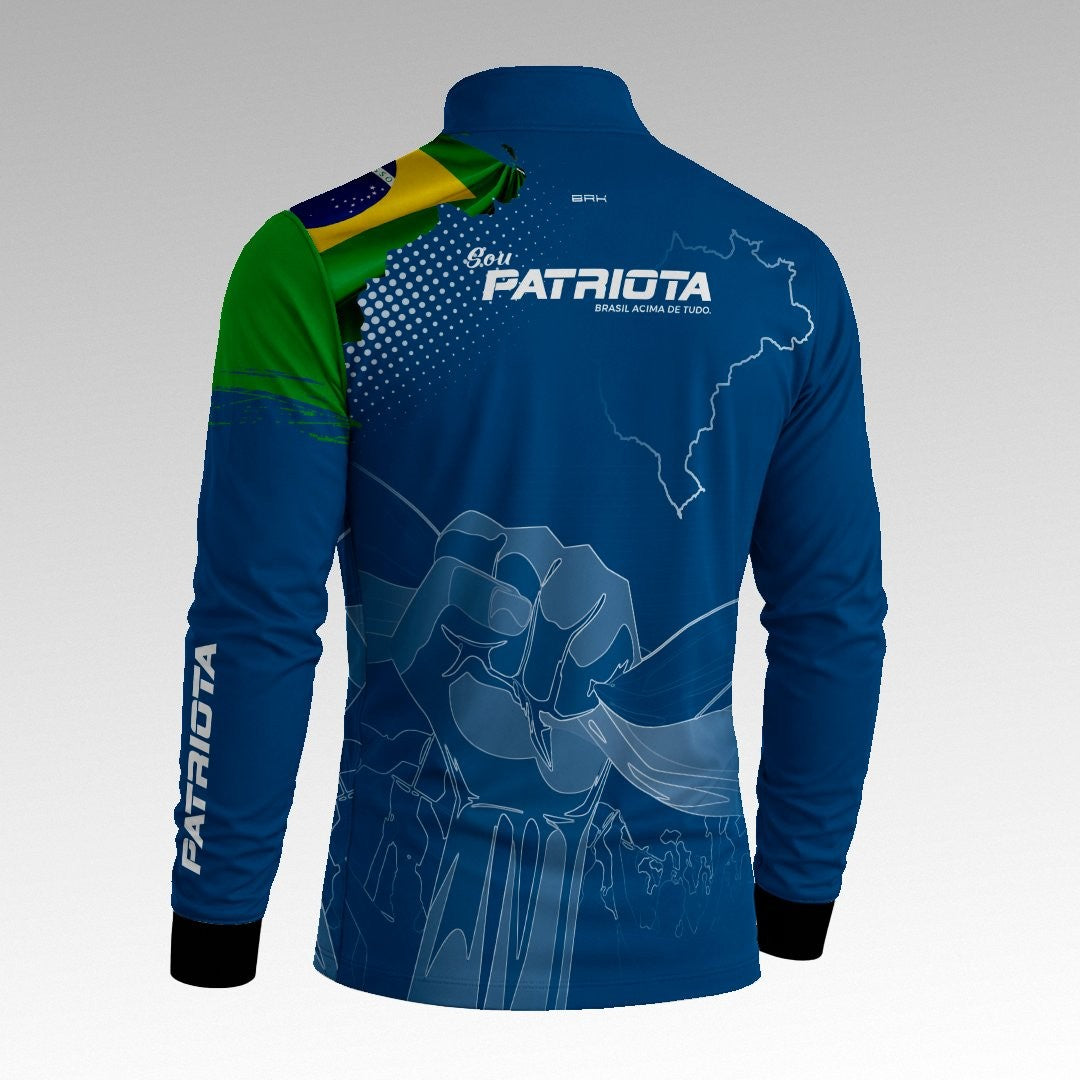Camisa Azul Patriota Bandeira do Brasil com Proteção UV50