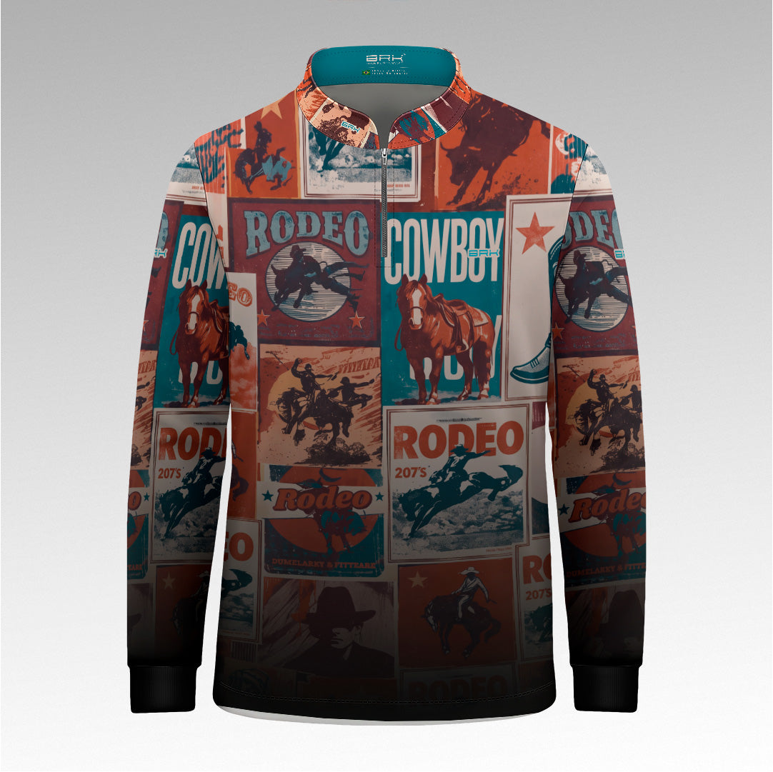 Camisa Brk Agro Infantil  Cowboy Rodeo Vermelha e Azul Colagem Degradê Escuro com Proteção UV50+
