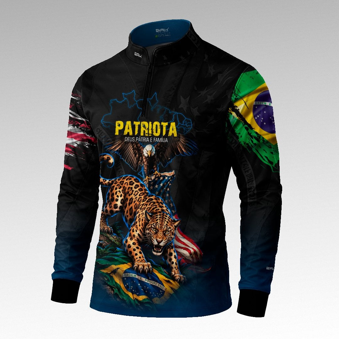 Camisa Patriota Deus Pátria e Família Onça e Águia Brasil e EUA Preta Azul com Proteção UV50+