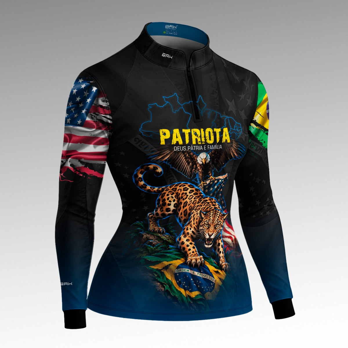 Camisa Brk Feminina Patriota Deus Pátria e Família Onça e Águia Brasil e EUA Preta Azul com Proteção UV50+