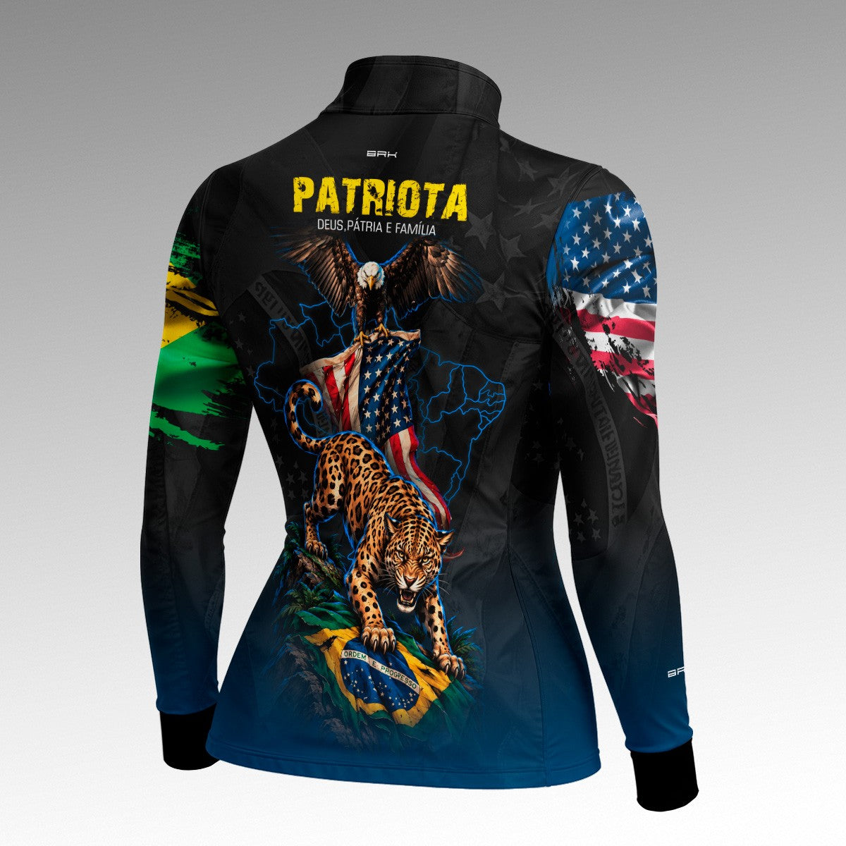 Camisa Brk Feminina Patriota Deus Pátria e Família Onça e Águia Brasil e EUA Preta Azul com Proteção UV50+