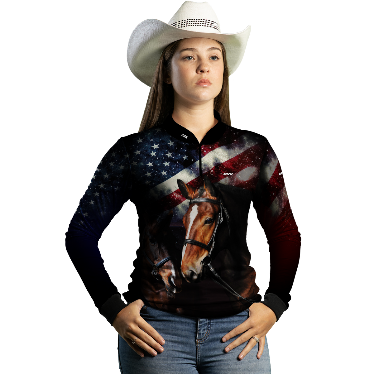 Camisa Agro Feminina Brk Quarto de Milha e Bandeira dos Estados Unidos com Proteção Solar UV50+