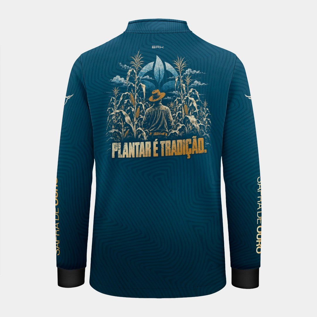 Camisa Brk Agro Infantil Safra de Ouro Plantar é Tradição Azul UV50+
