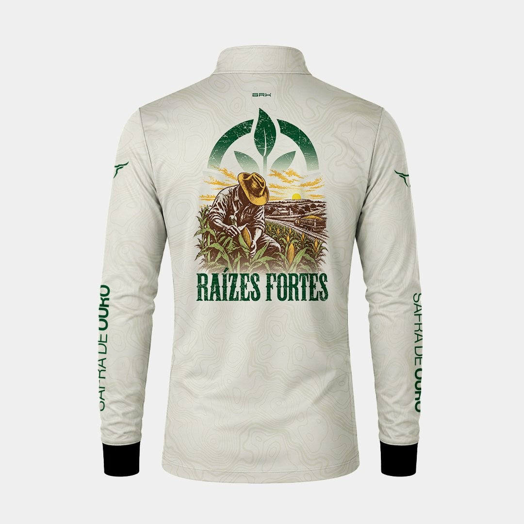 Camisa Brk Agro Safra de Ouro Raízes Fortes  Off White e Verde com Proteção UV50+