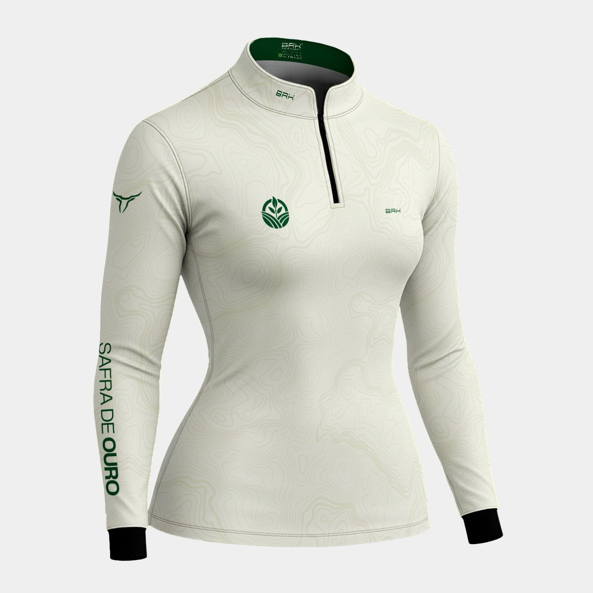 Camisa Brk Agro Feminina Safra de Ouro Raízes Fortes Off White e Verde com Proteção UV50+