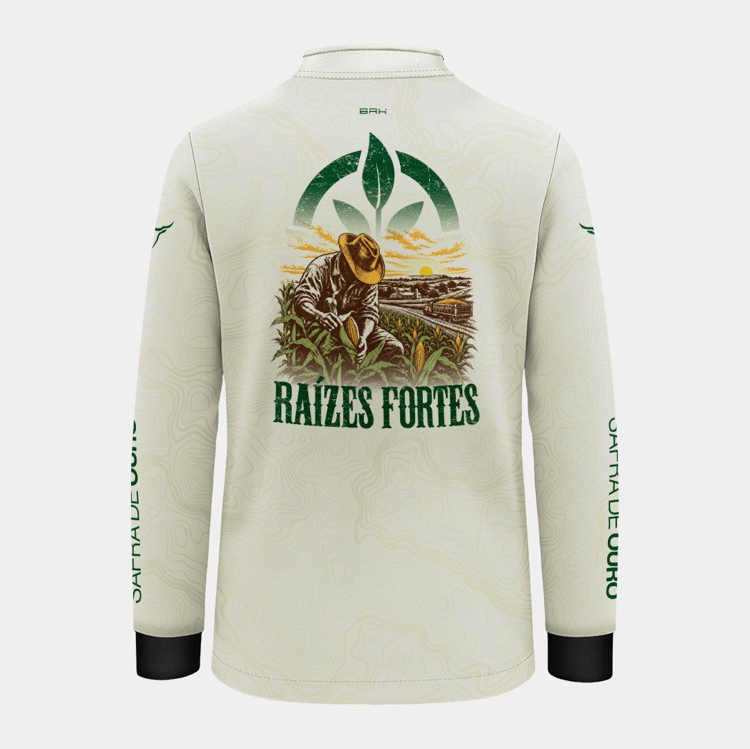 Camisa Brk Agro Infantil Safra de Ouro Raízes Fortes Off White e Verde com Proteção UV50+