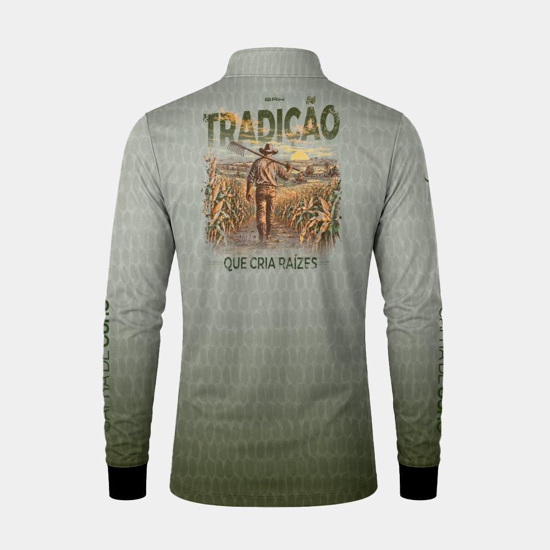 Camisa Brk Agro Safra de Ouro Tradição Que Cria Raízes Branco e Verde com Proteção UV50+