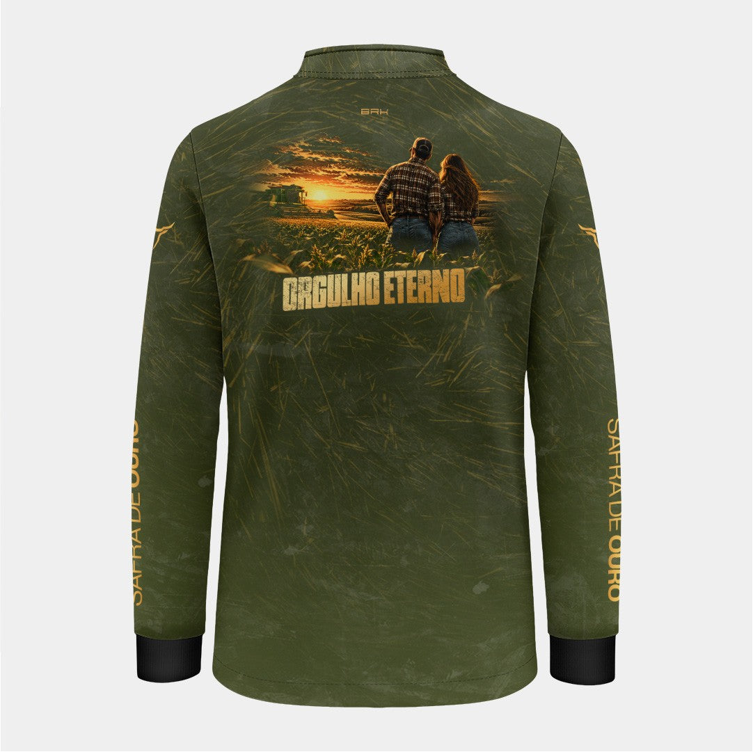 Camisa Infantil Brk Agro Safra de Ouro Orgulho Eterno Verde Militar com Proteção UV50+