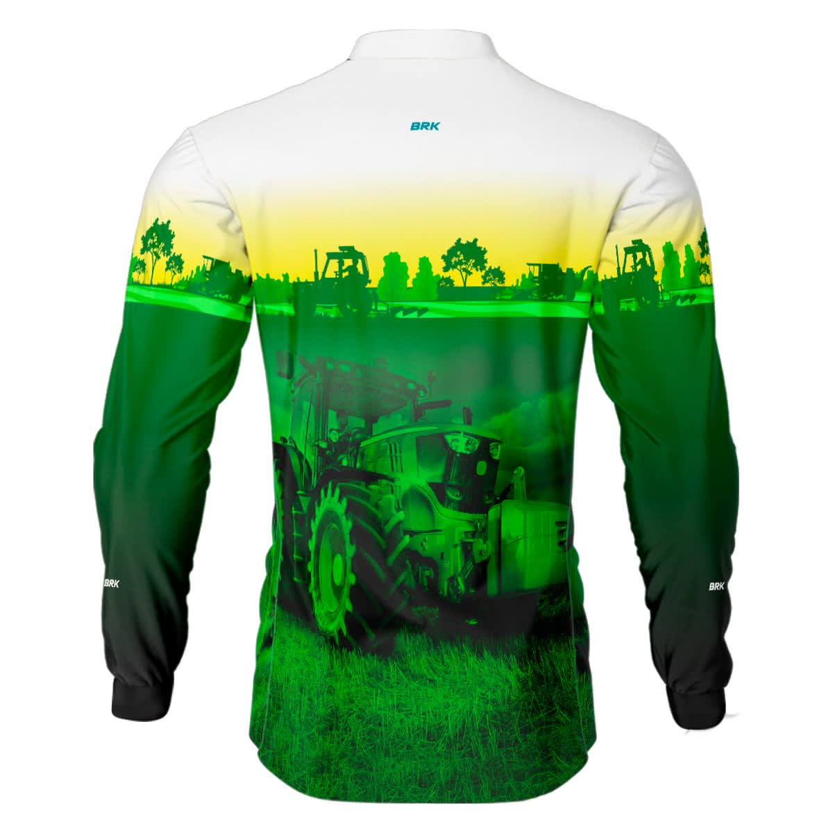 Camisa Branca com Verde Brk Agro John Deere Maquinário com Proteção Solar UV50+ - Brk Agro