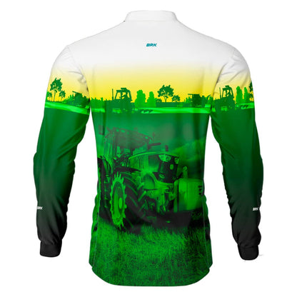 Camisa Branca com Verde Brk Agro John Deere Maquinário com Proteção Solar UV50+ - Brk Agro