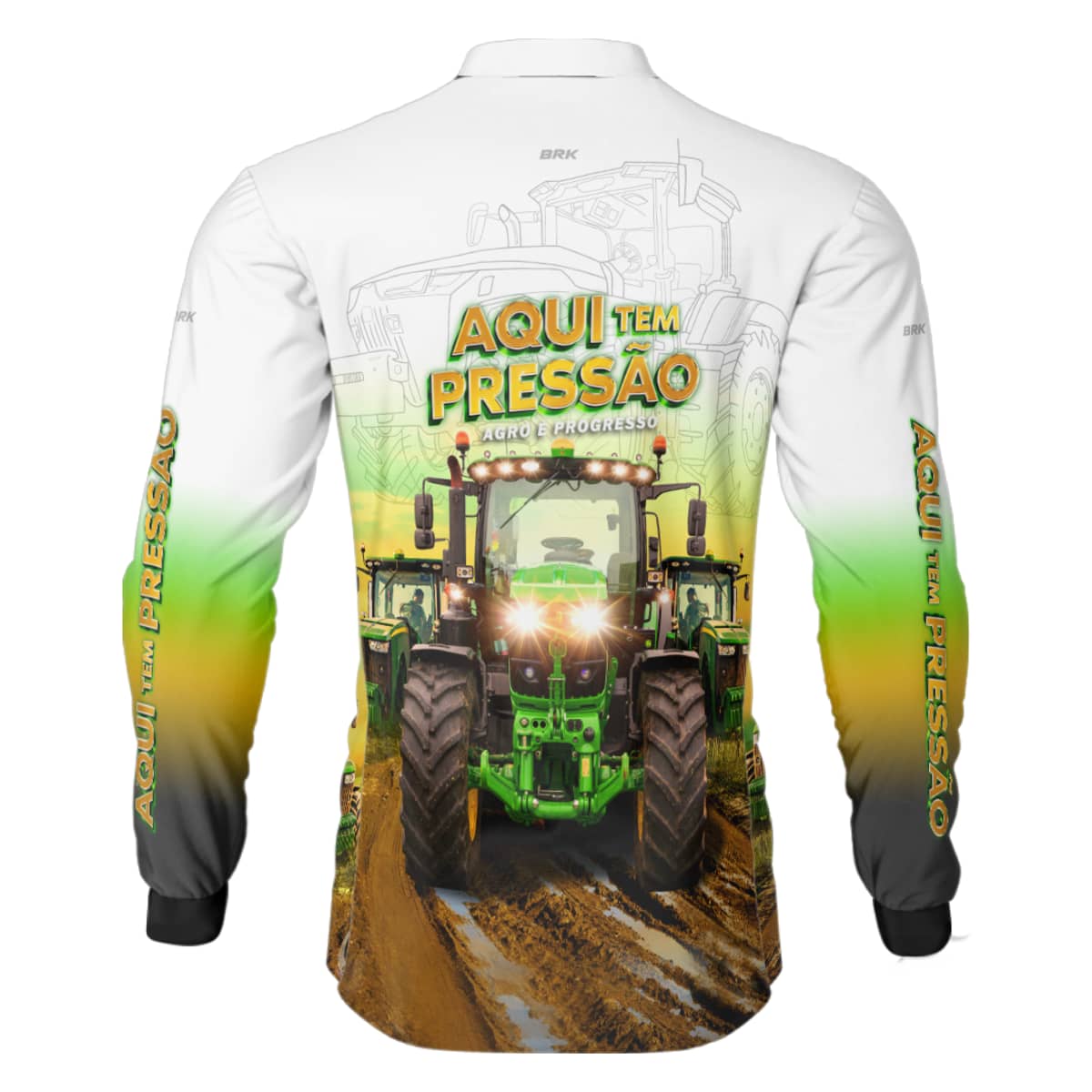 Camisa Agro Brk Trator Aqui Tem Pressão Branca com Proteção Solar UV50+ - Brk Agro