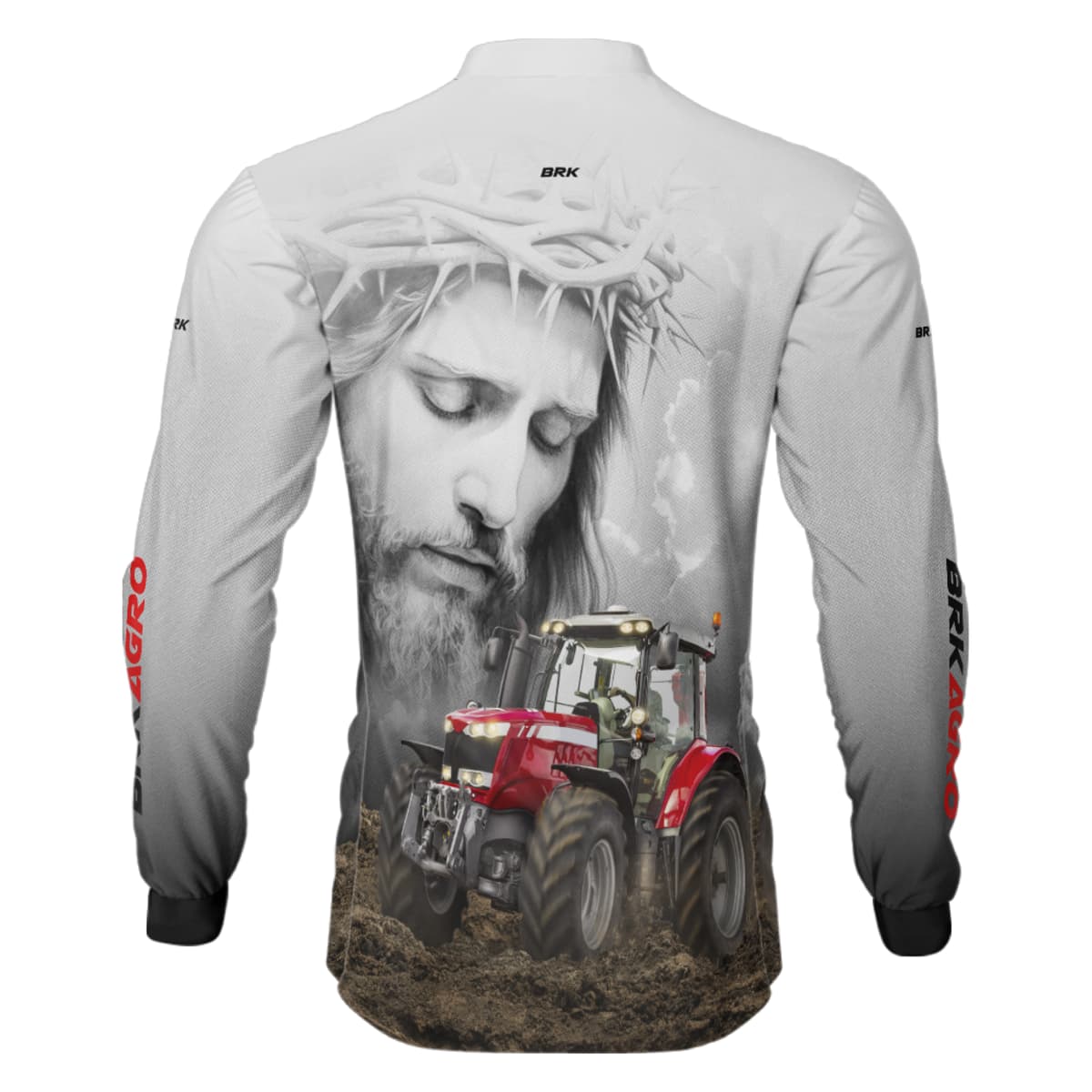 Camisa Agro Brk Branca Jesus Trator Vermelho com Proteção Solar UV50+ - Brk Agro