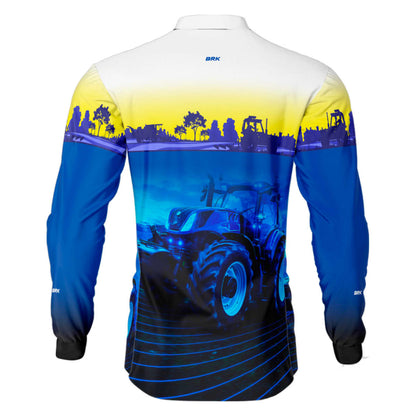 Camisa Branca e Azul Brk Agro New Holland Maquinário com Proteção Solar UV50+ - Brk Agro