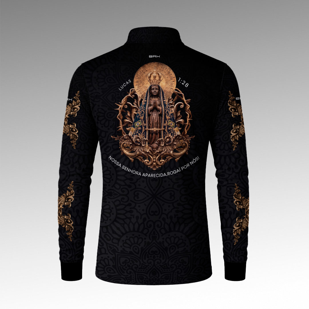Camisa Brk Nossa Senhora Aparecida Rogai por Nós Preto Ouro Velho com Proteção Solar UV50+
