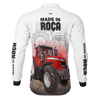 Camisa Agro Brk Made in Roça Branca Trator Vermelho com Proteção Solar UV50+ - Brk Agro