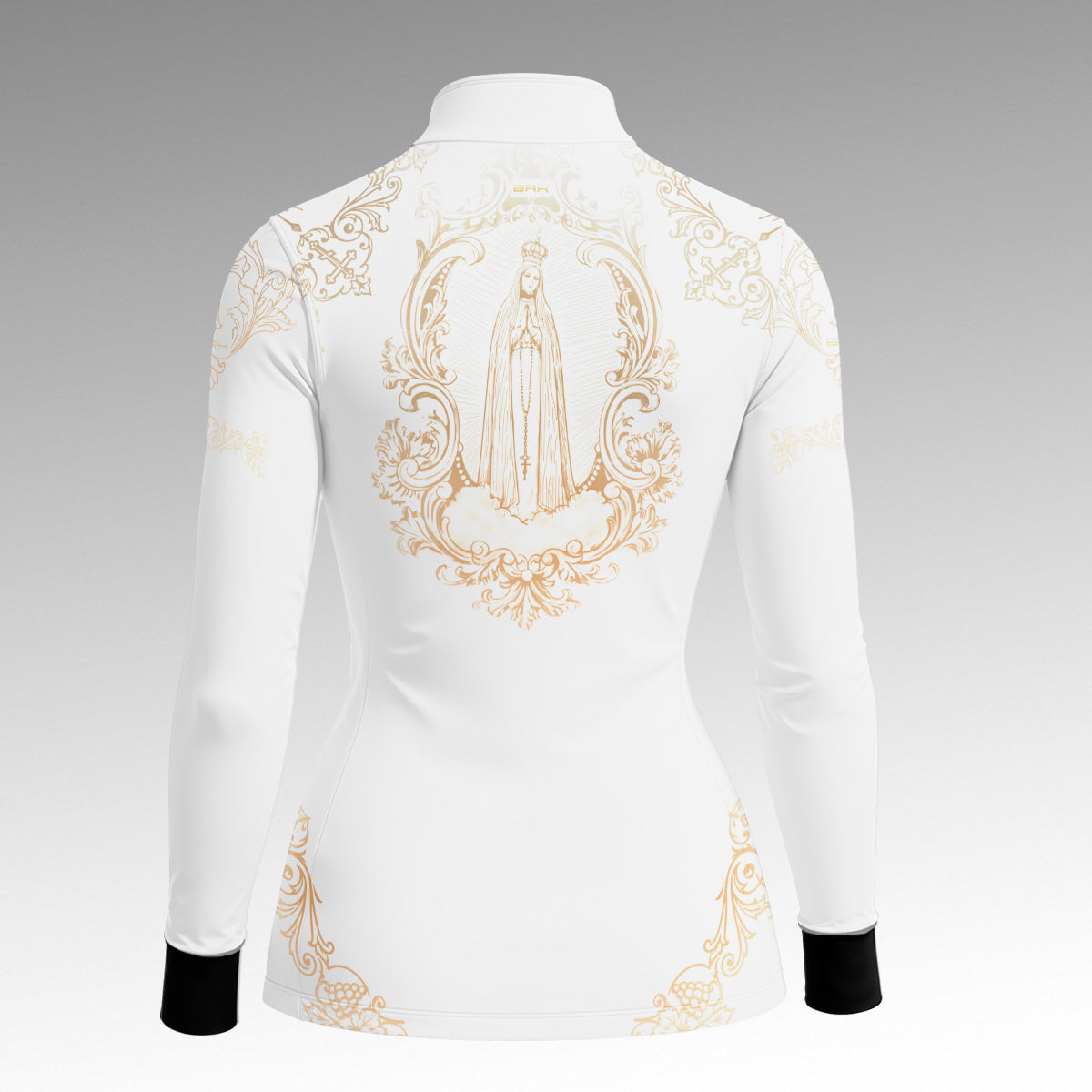 Camisa Feminina Nossa Senhora Aparecida Portuguesa Branco e Dourado com UV50